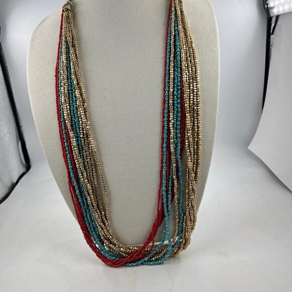 Chico’s Multi Strand Seed Bead Necklace Turquoise Gold Red Beads Long Statement - Picture 2 of 5